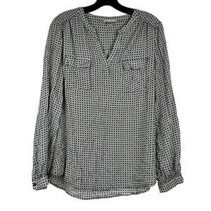 Dalia Collection Large Polka Dot V-neck Front Pocket Blouse Large